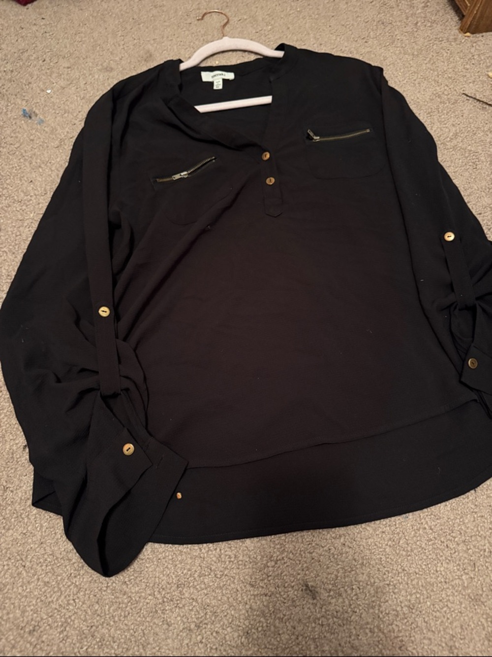 meraki Black Blouse with Gold Accent Zippers